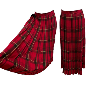 80s EVAN PICONE WOOL RED & BLACK PLAID PLEATED HIGH WAISTED MIDI SKIRT SZ 10